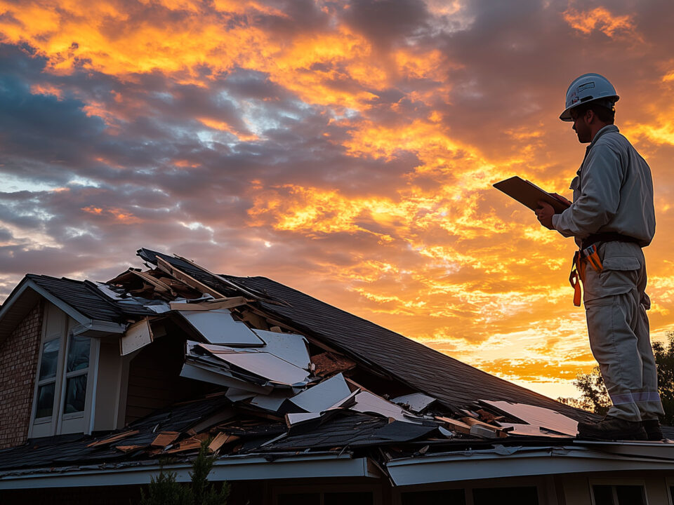 Storm damage roof repair emergency response Louisiana homeowner inspecting roof damage