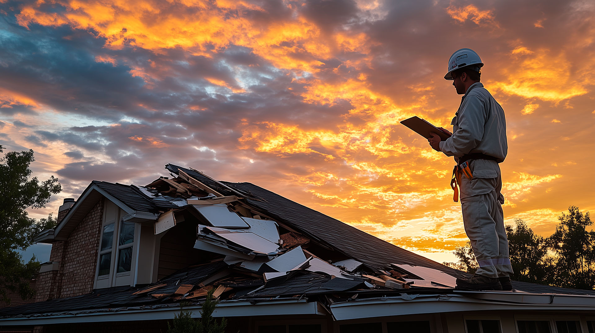 Storm damage roof repair emergency response Louisiana homeowner inspecting roof damage