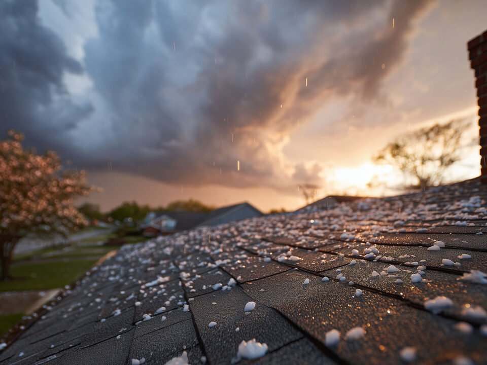 A Shreveport roof covered in hail after a storm, highlighting the immediate need for an inspection to assess for hail damage roof repair shreveport