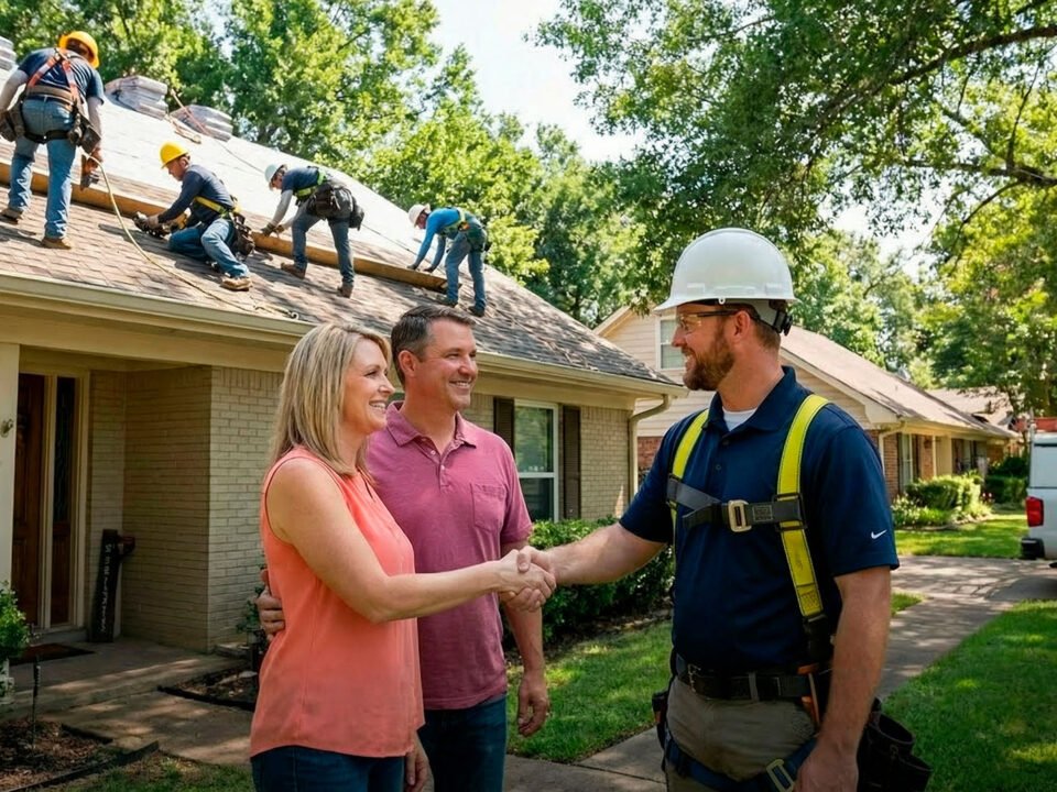 roofing contractor shaking hands with Shreveport homeowner