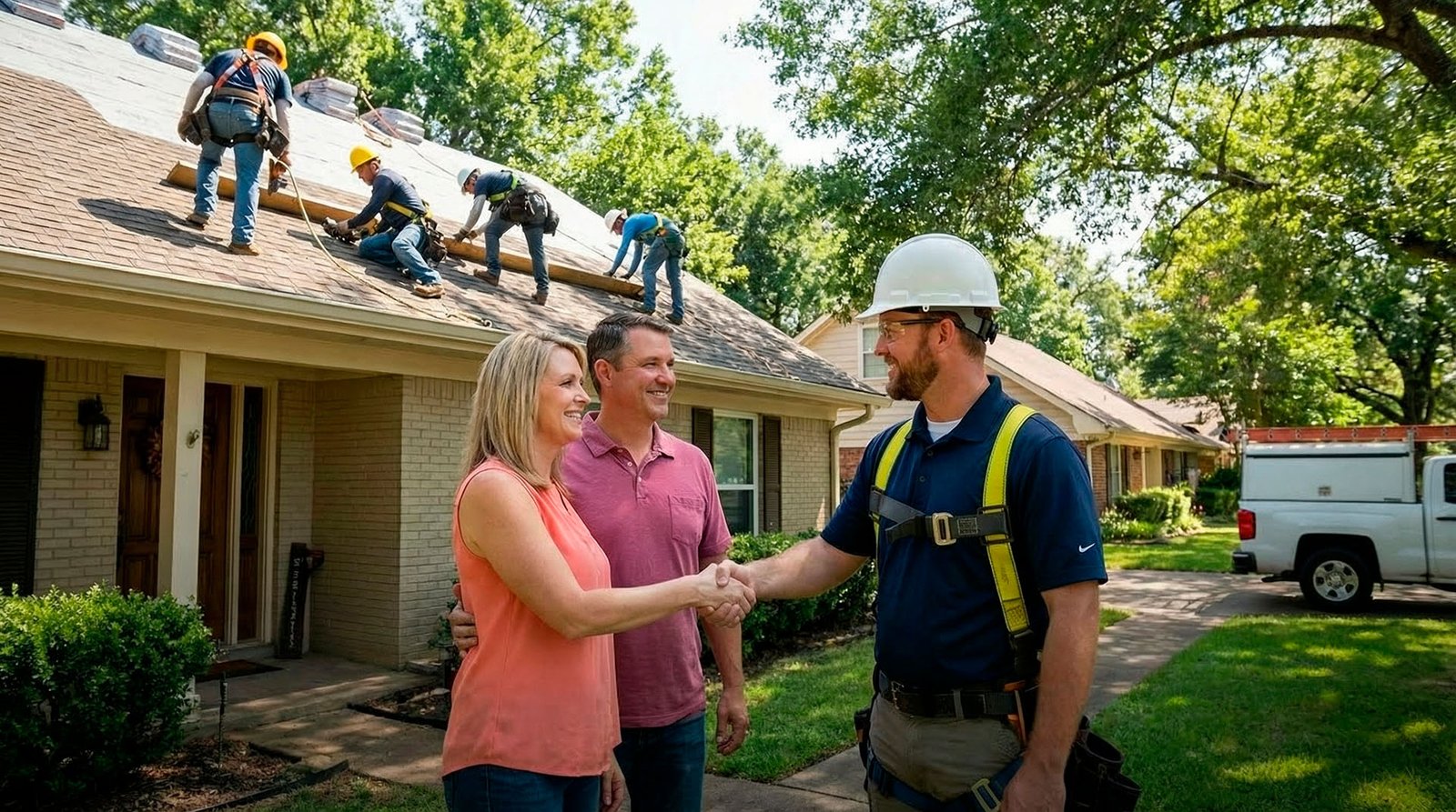 roofing contractor shaking hands with Shreveport homeowner