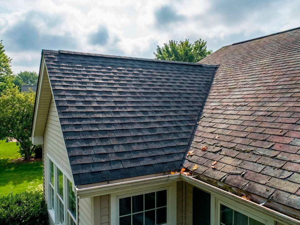 New and old shingle roof