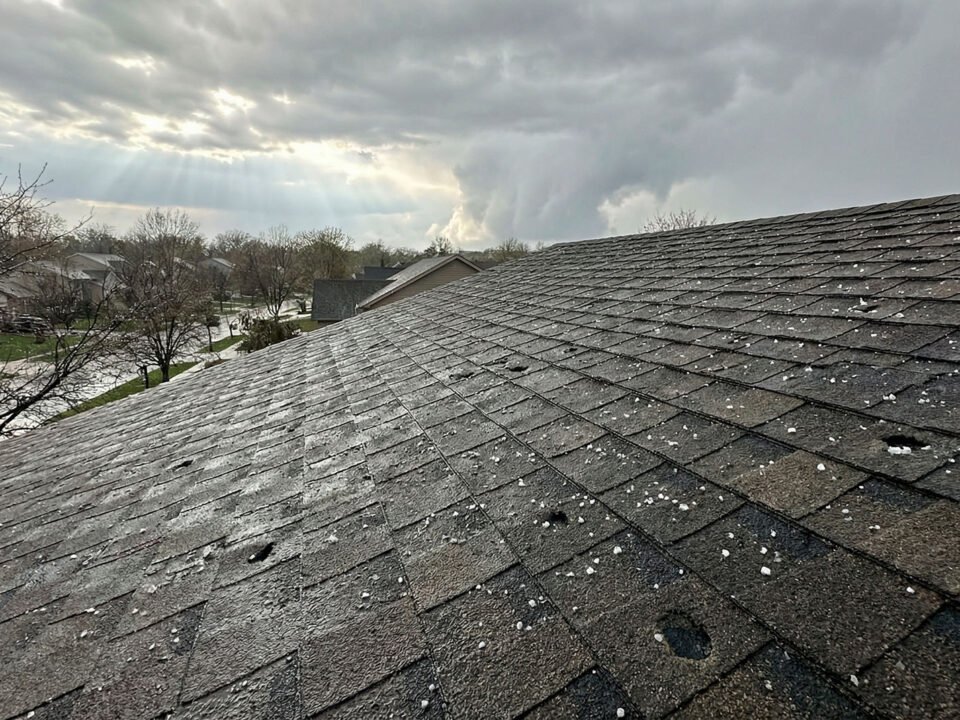 Closeup view of hailstorm damage
