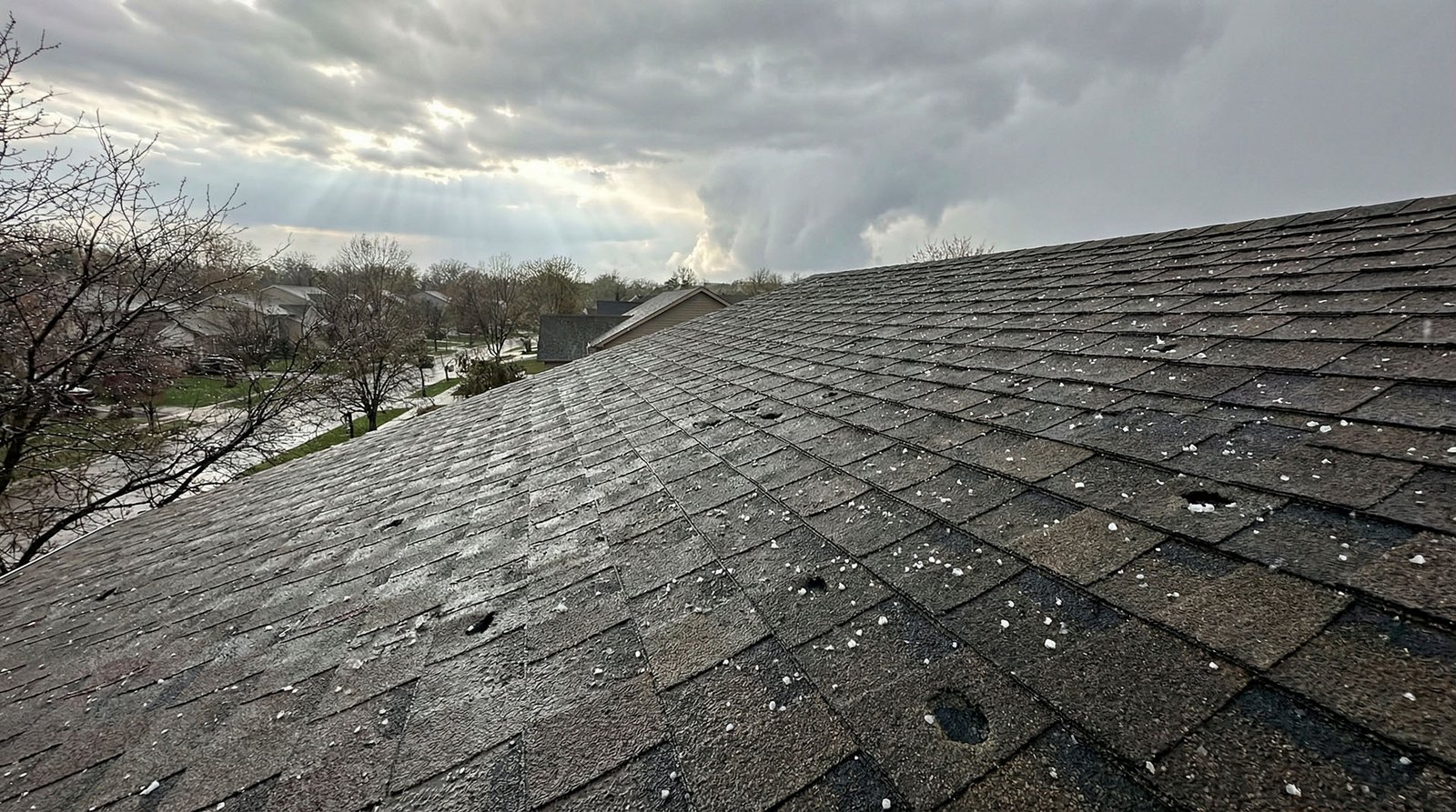 Closeup view of hailstorm damage