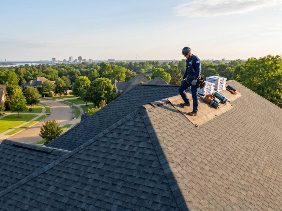 Roofer installing shingle roof