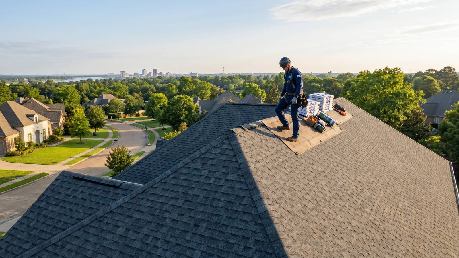 Roofer installing shingle roof